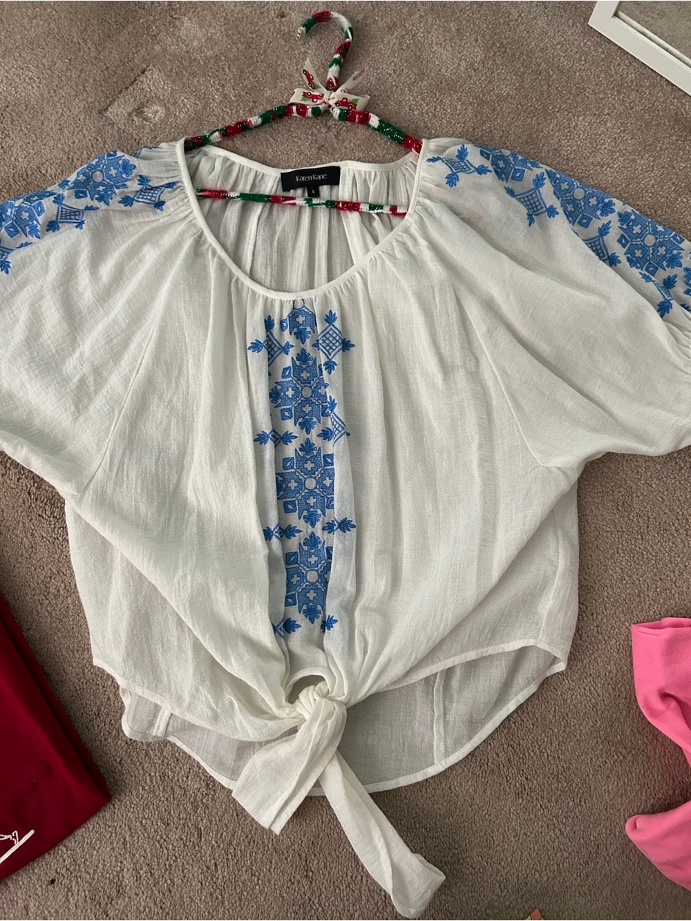 Knox Rose White Tie-Front Peasant Top with Blue Embroidery
